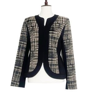 Lafayette 148 New York Black & Tan Plaid Zip Front Blazer Jacket Womens Size 6